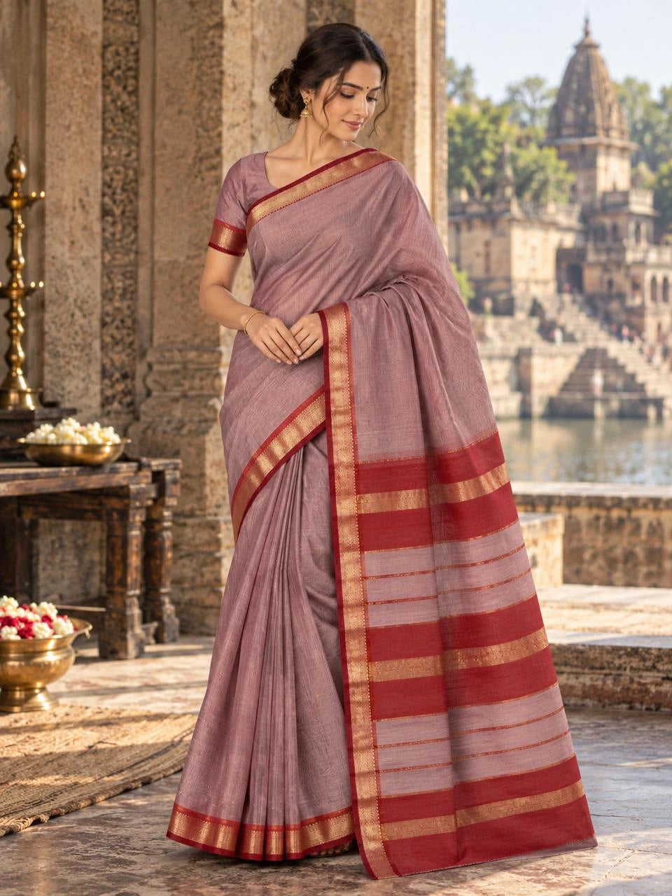 Dusty Rose & Sindoor Red Rasta Border